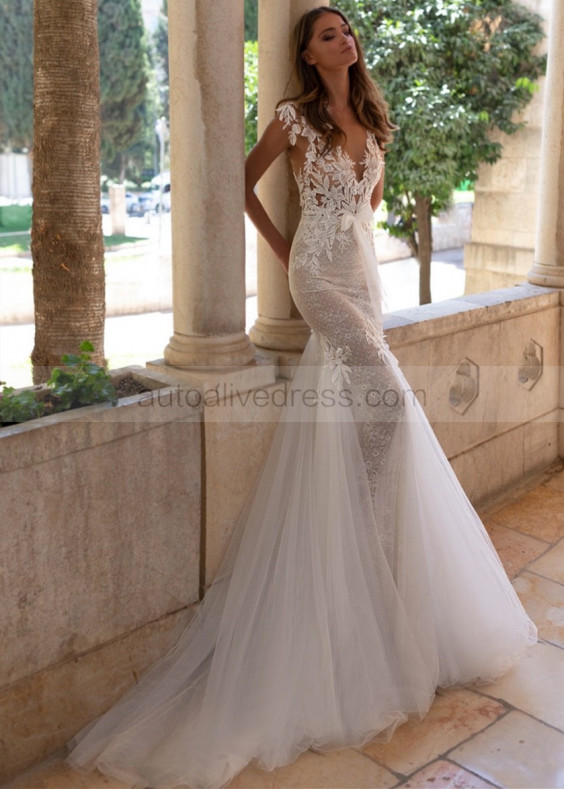 Beaded Ivory Lace Tulle Keyhole Back Wedding Dress